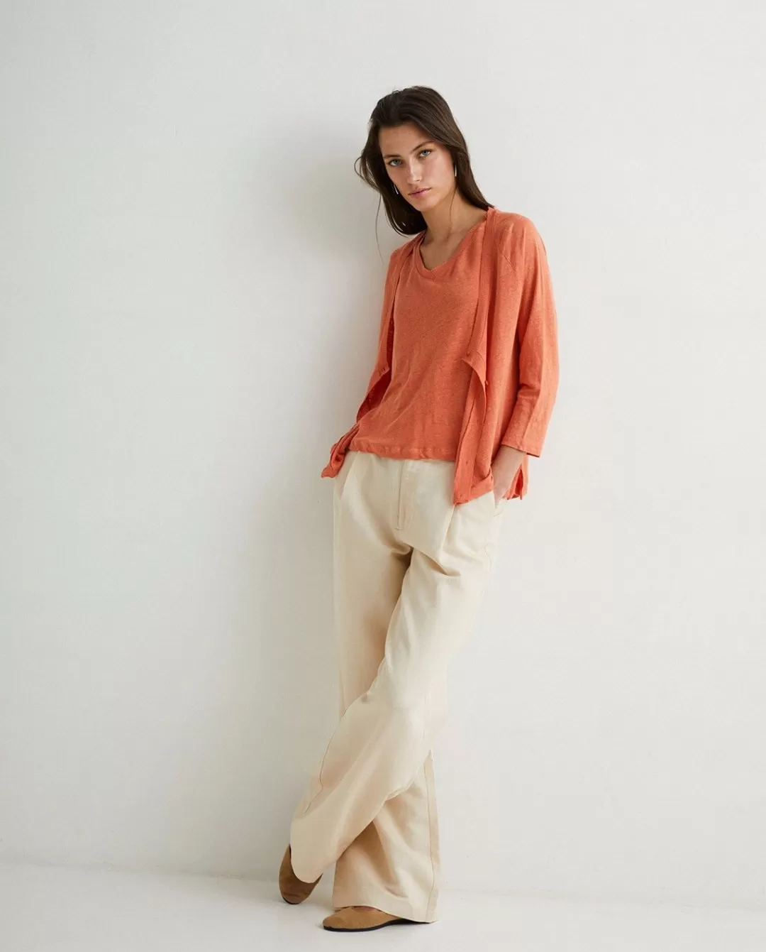 YERSE 100% Linen Cardigan Orange