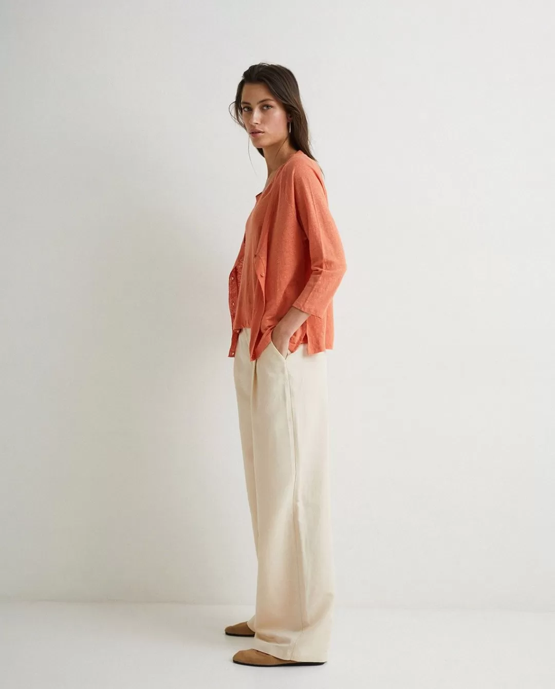 YERSE 100% Linen Cardigan Orange