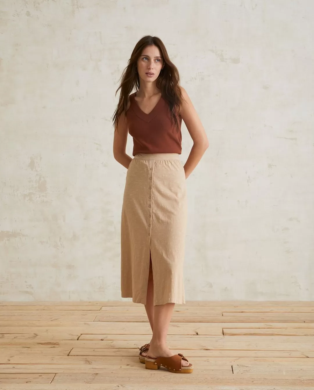 YERSE Cotton Midi Skirt Beige