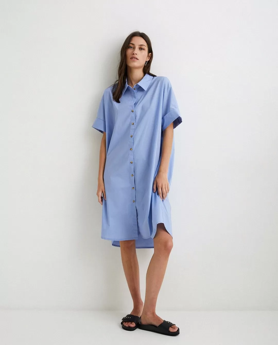 YERSE Cotton Shirt Dress Blue