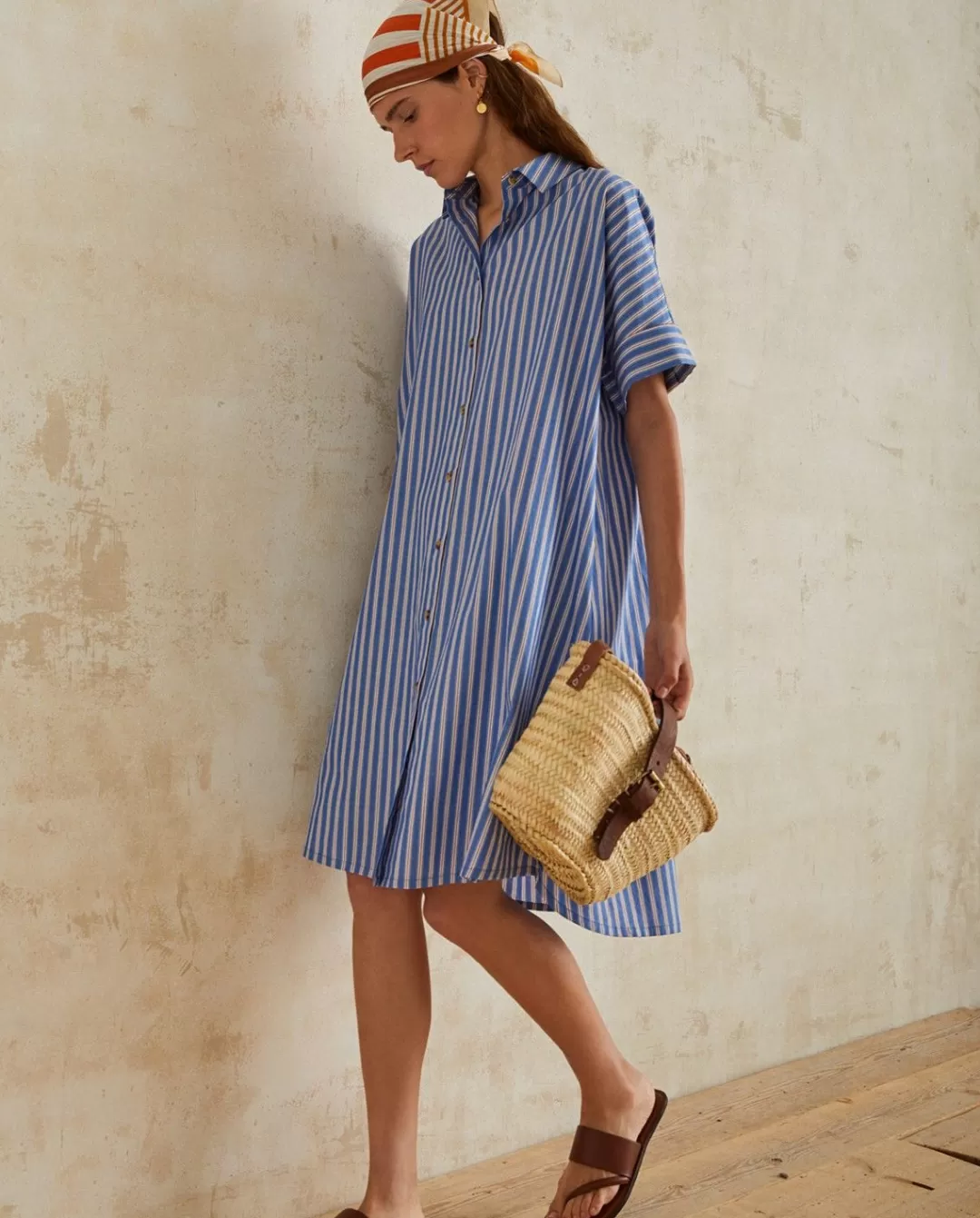 YERSE Cotton Shirt Dress Blue Stripes