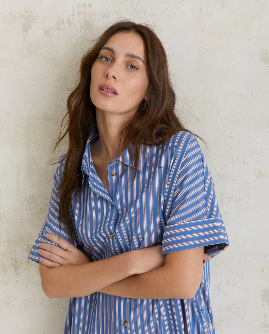 YERSE Cotton Shirt Dress Blue Stripes