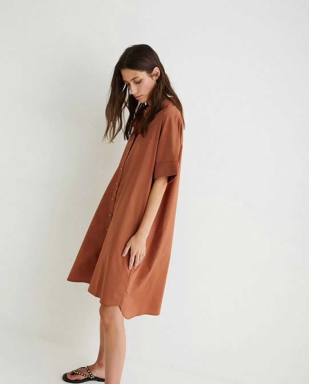 YERSE Cotton Shirt Dress Chocolate