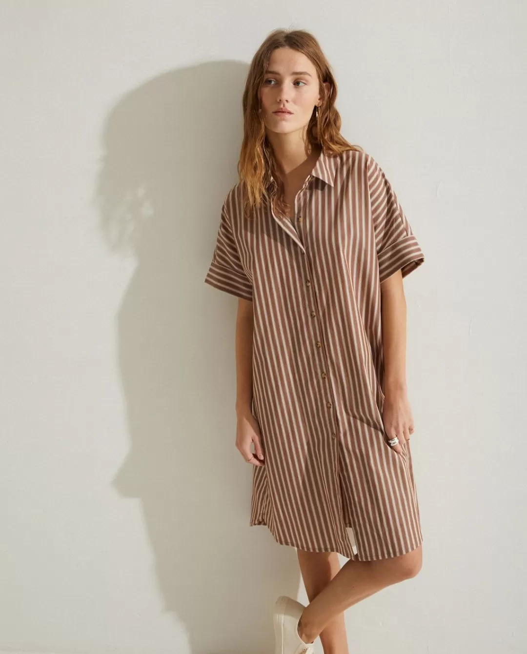 YERSE Cotton Shirt Dress Chocolate Stripes