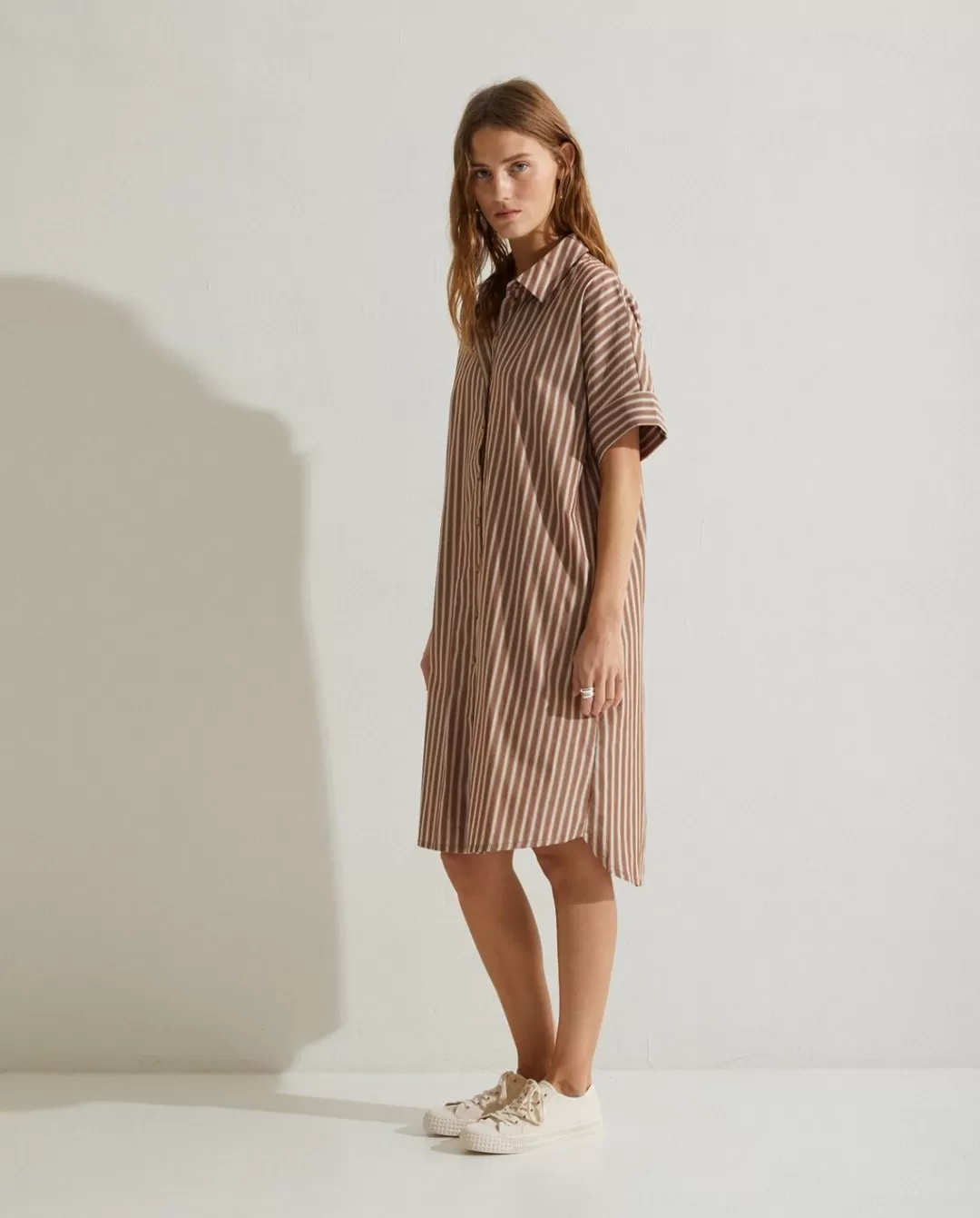 YERSE Cotton Shirt Dress Chocolate Stripes