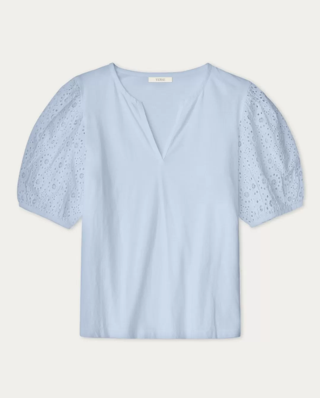 YERSE Cotton T-Shirt Embroidered Sleeves Blue