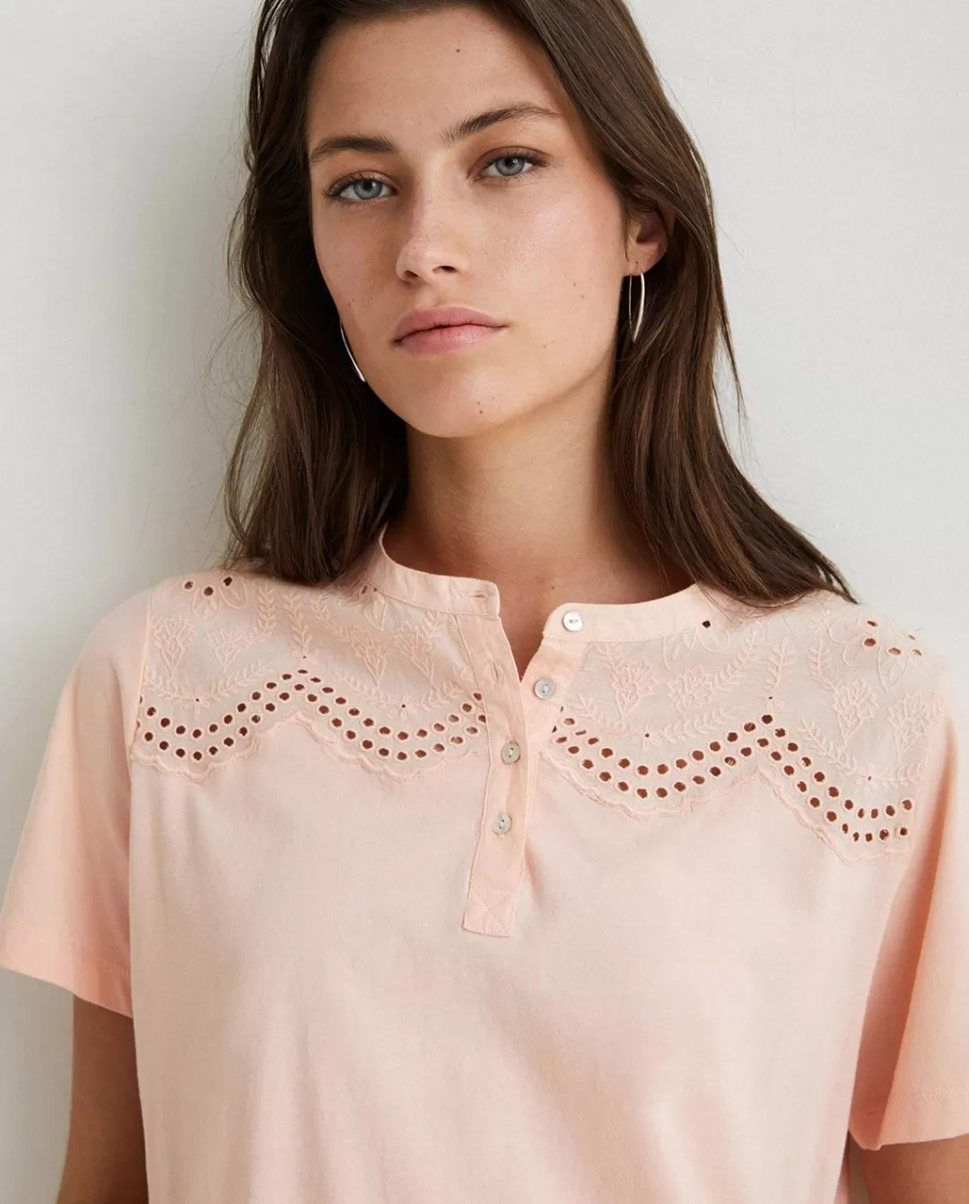 YERSE Cotton T-Shirt Embroidery Salmon