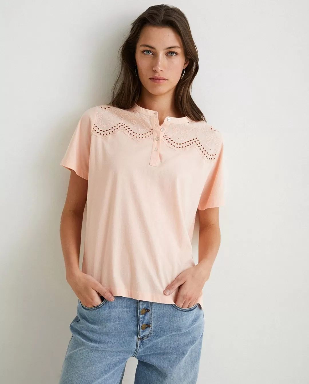 YERSE Cotton T-Shirt Embroidery Salmon