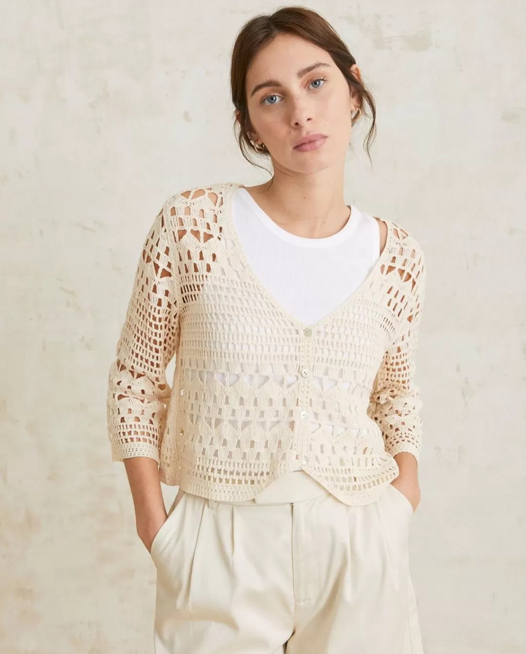 YERSE Crochet Cotton Cardigan Ecru