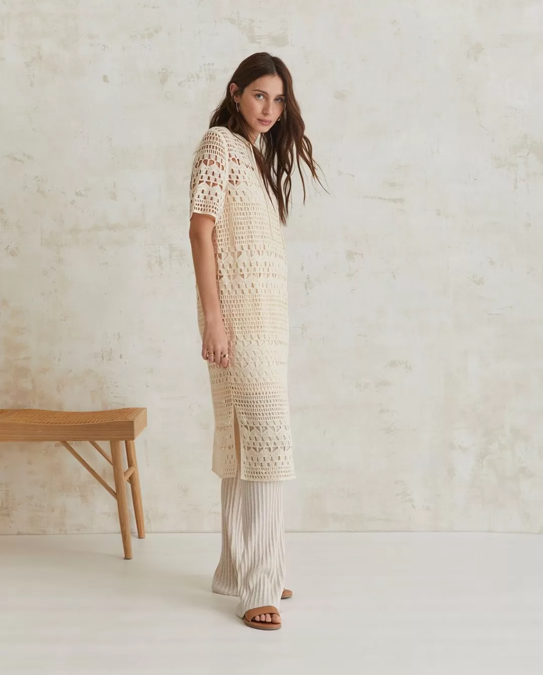 YERSE Crochet Midi Dress Ecru