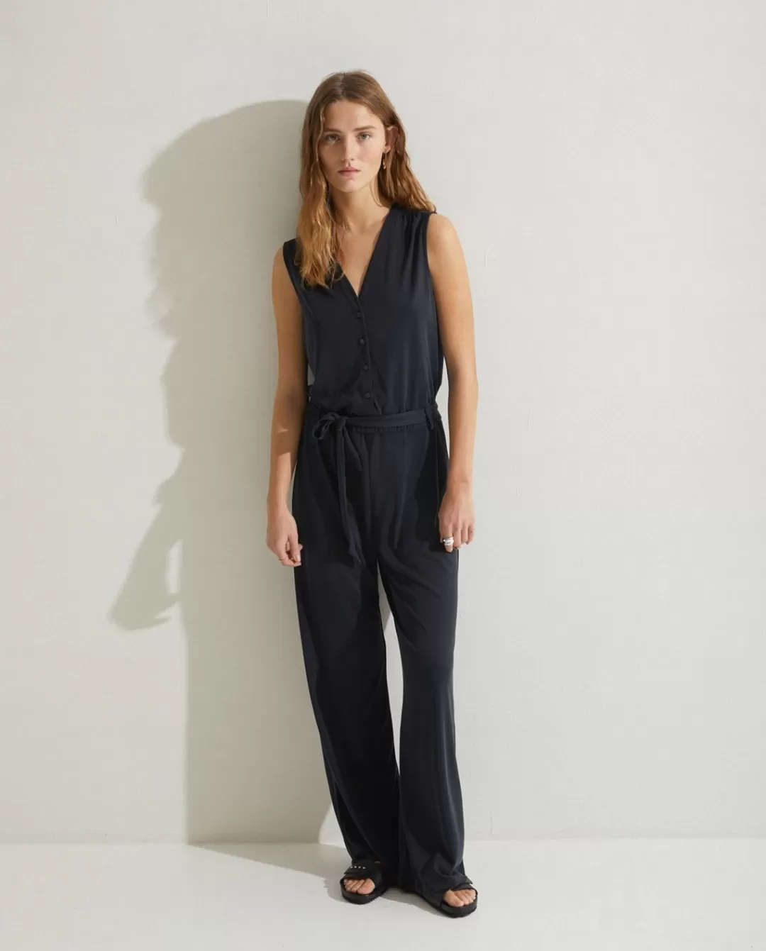 YERSE Flowy Belted Jumpsuit Grey