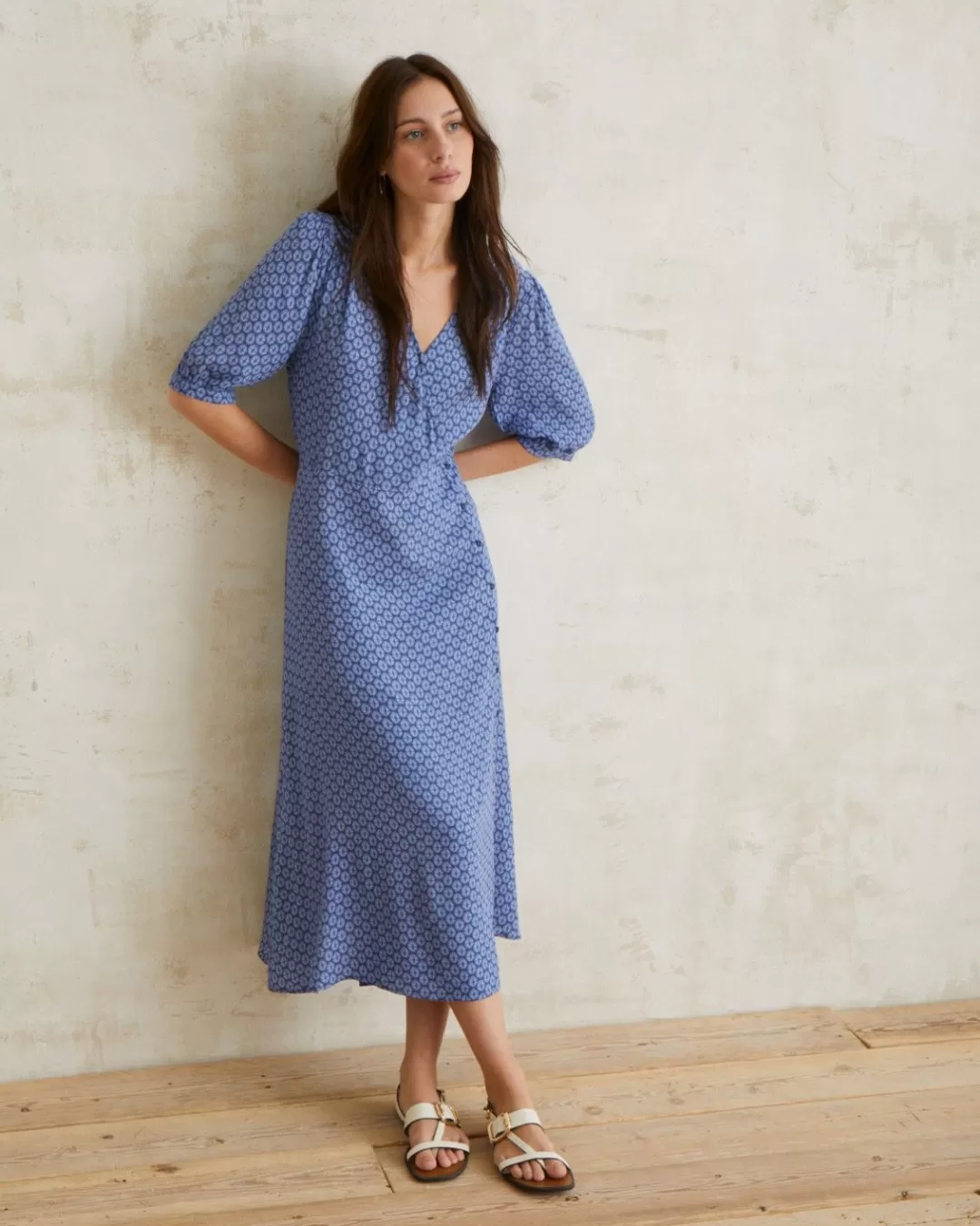 YERSE Flowy Dress Puffed Sleeves Blue