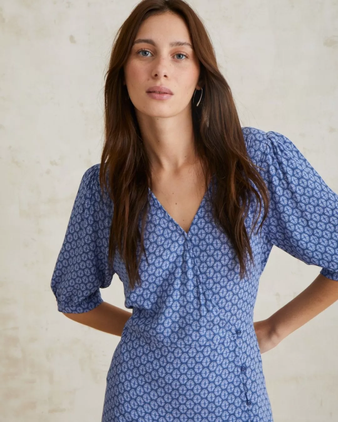 YERSE Flowy Dress Puffed Sleeves Blue