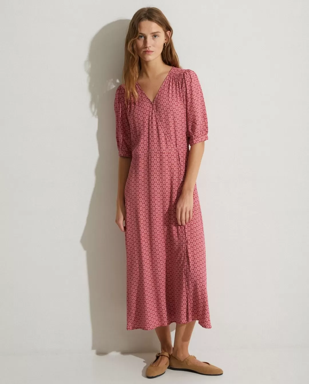 YERSE Flowy Dress Puffed Sleeves Pink