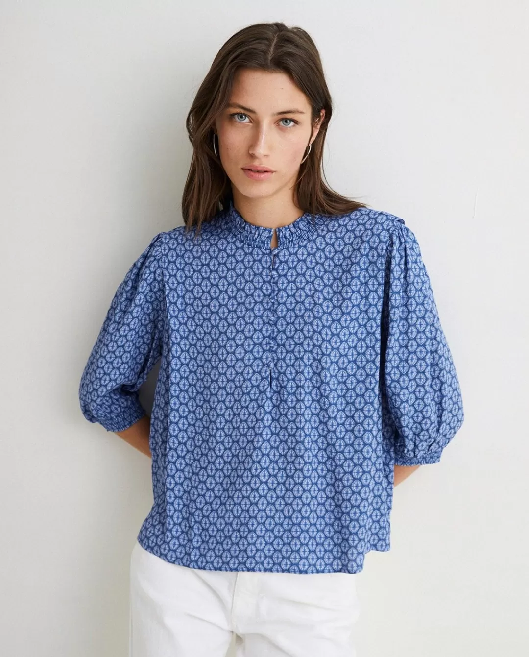 YERSE Flowy Mao-Neck Shirt Blue