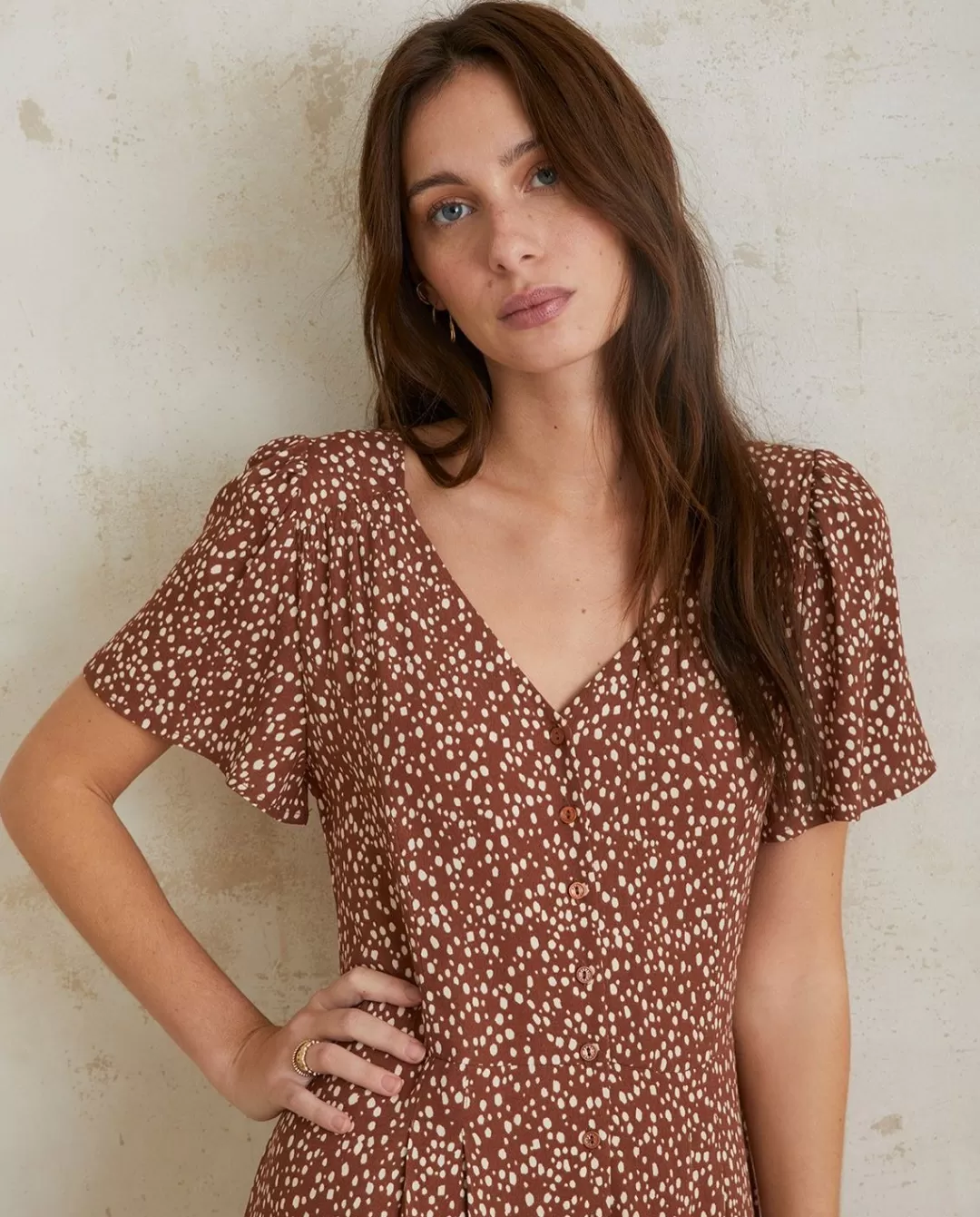 YERSE Flowy Print Dress Chocolate