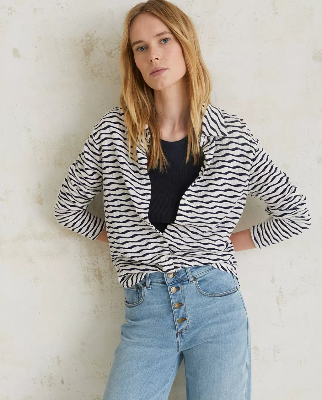 YERSE Jacquard Knit Shirt Ecru And Navy Stripes