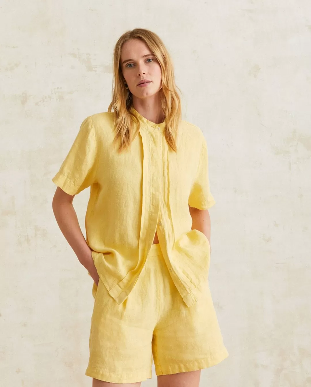 YERSE Mao-Neck Linen Shirt Lemon