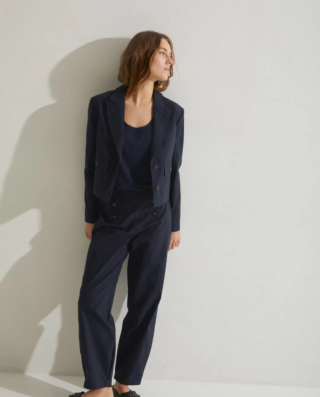 YERSE Pinstripe Carrot Trousers Navy