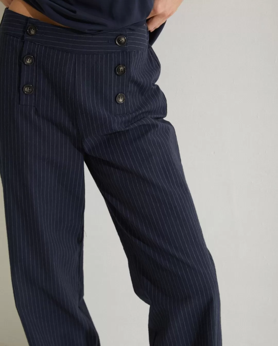 YERSE Pinstripe Carrot Trousers Navy