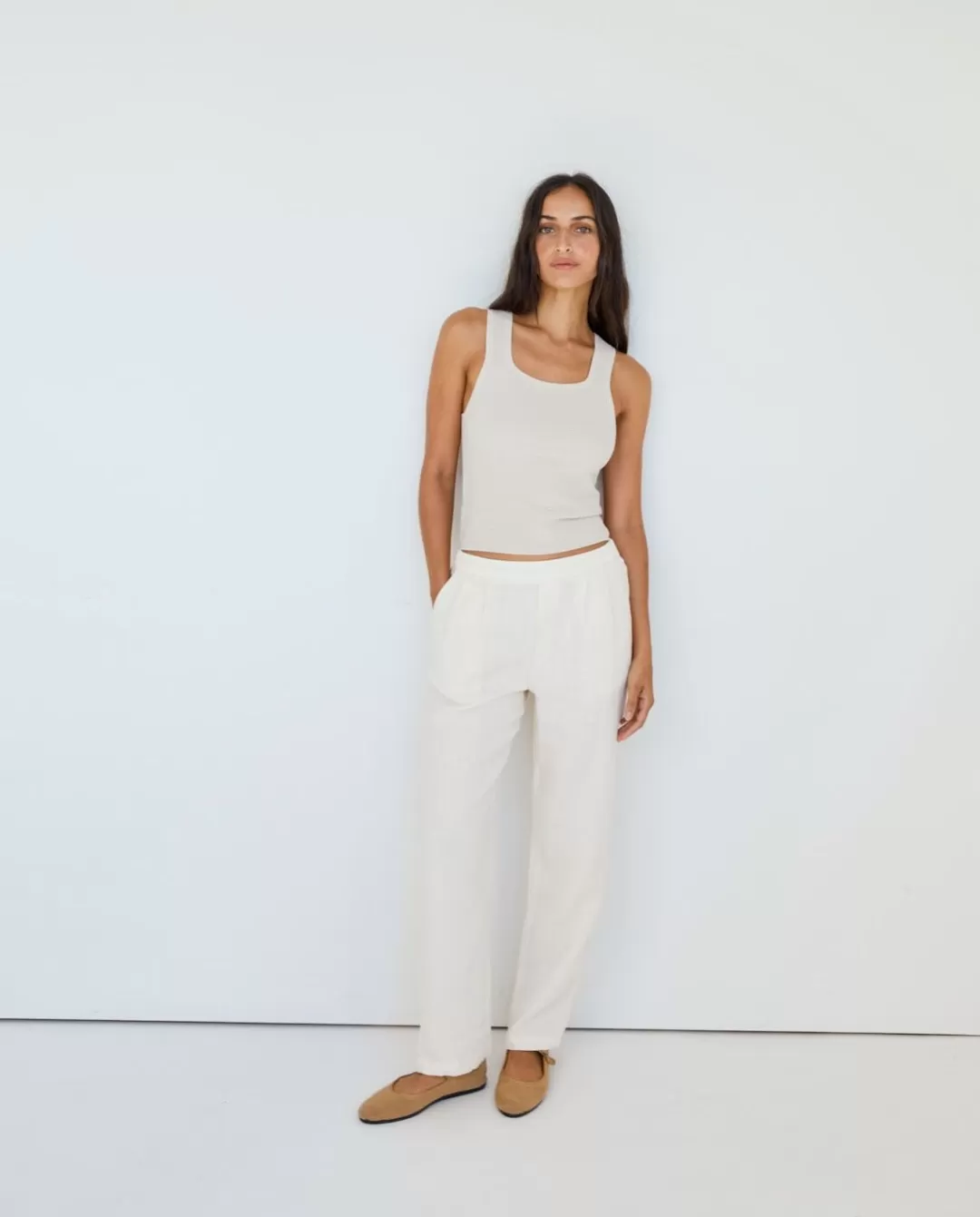 YERSE Pleated Linen Trousers Beige