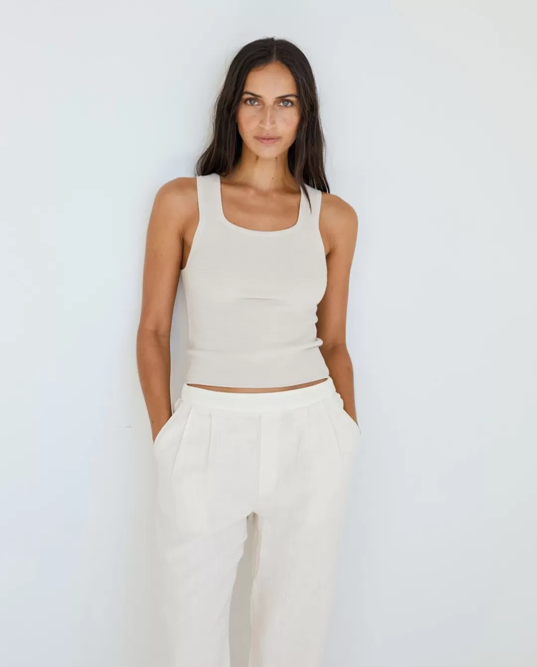 YERSE Pleated Linen Trousers Beige