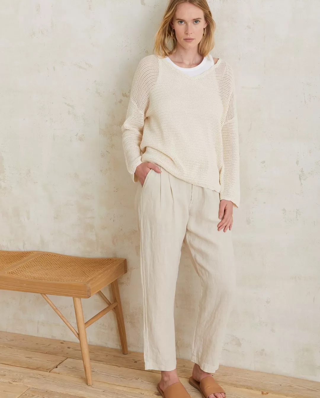 YERSE Pleated Linen Trousers Ecru