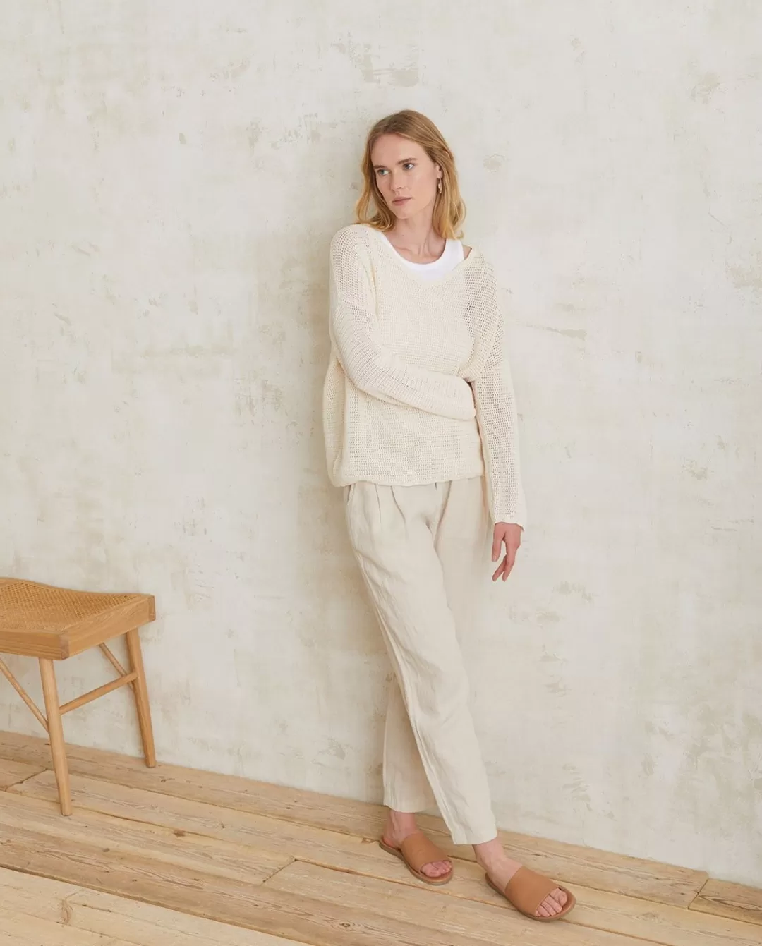 YERSE Pleated Linen Trousers Ecru