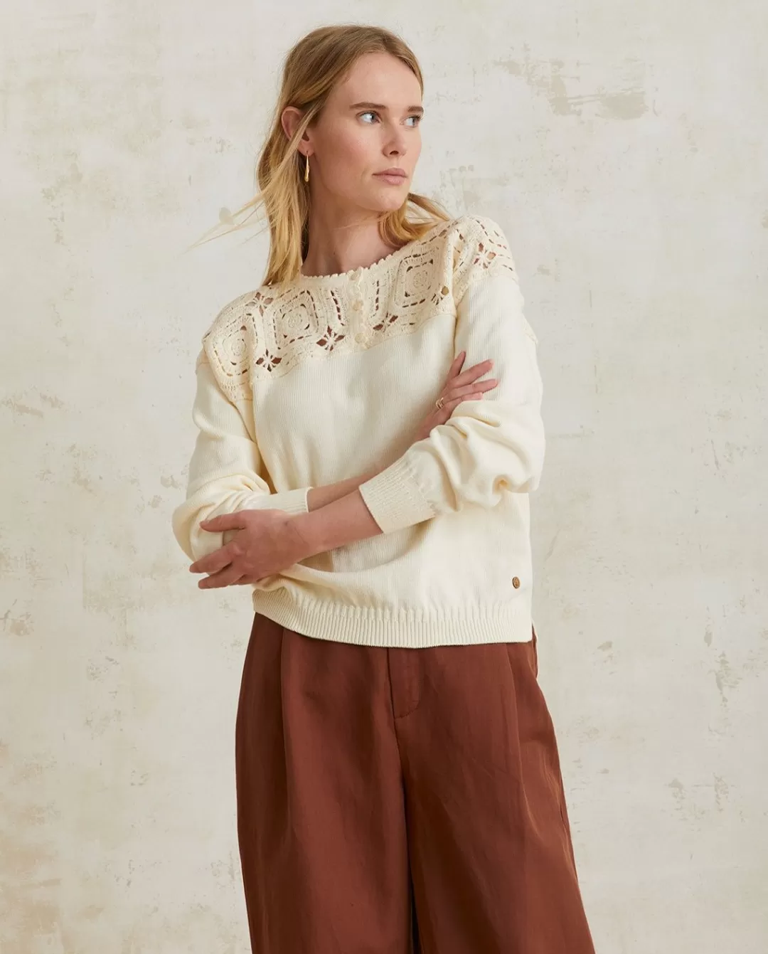 YERSE Pointelette Cotton Sweater Ecru