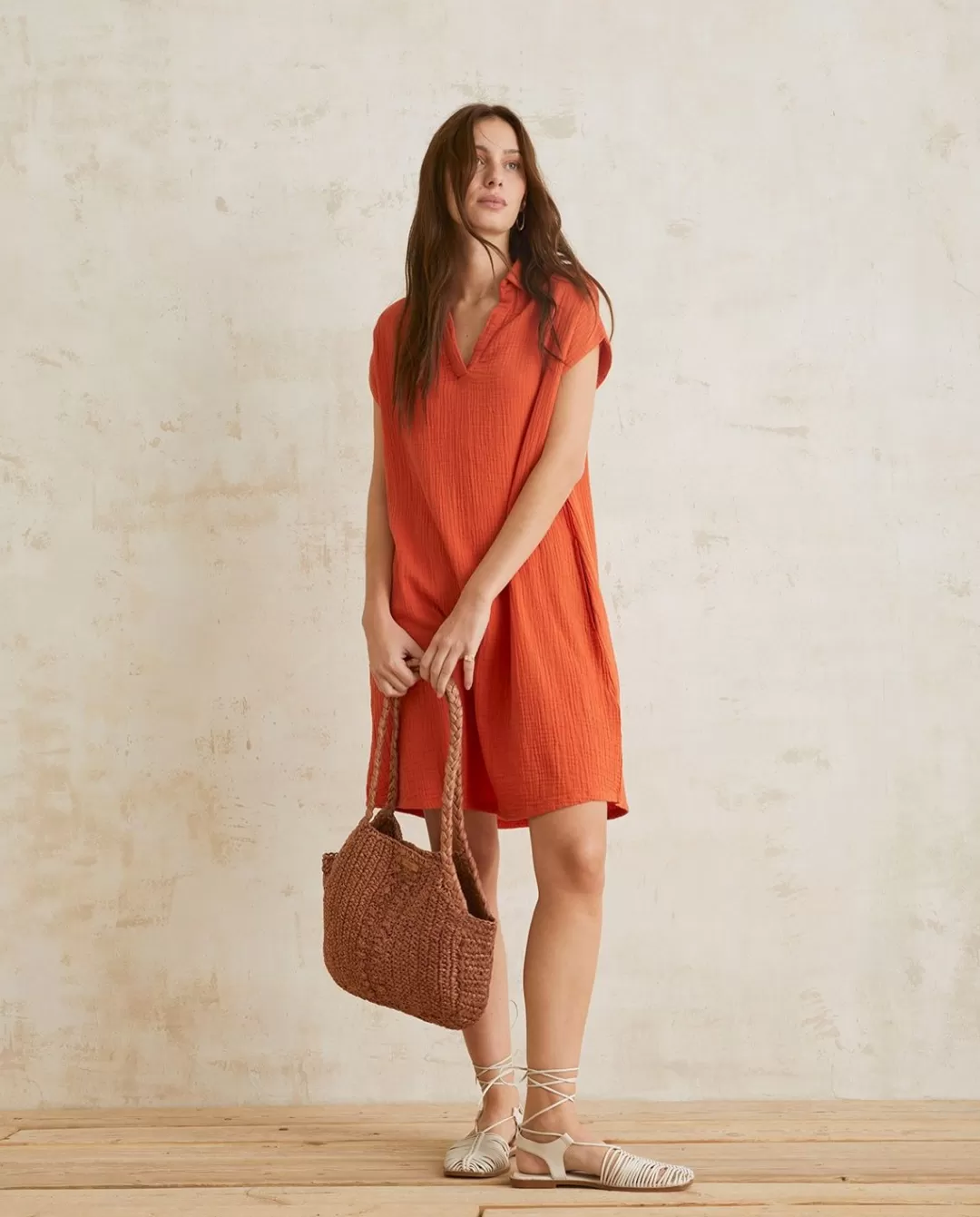 YERSE Polo-Neck Cotton Dress Orange