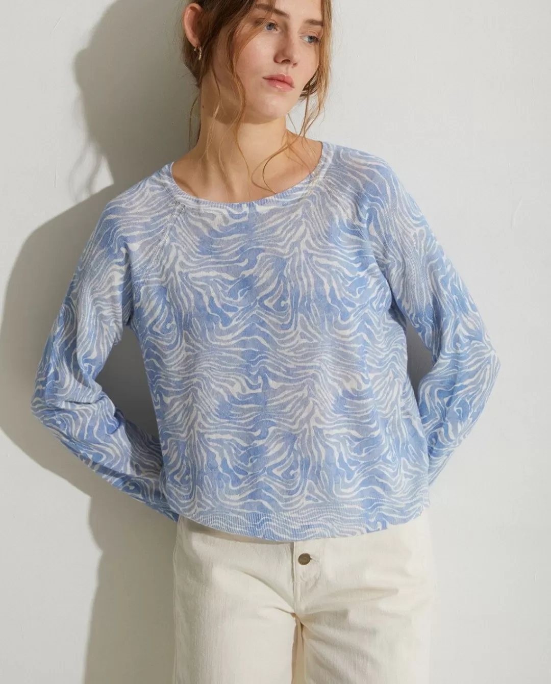 YERSE Print Linen-Cotton Sweater Blue