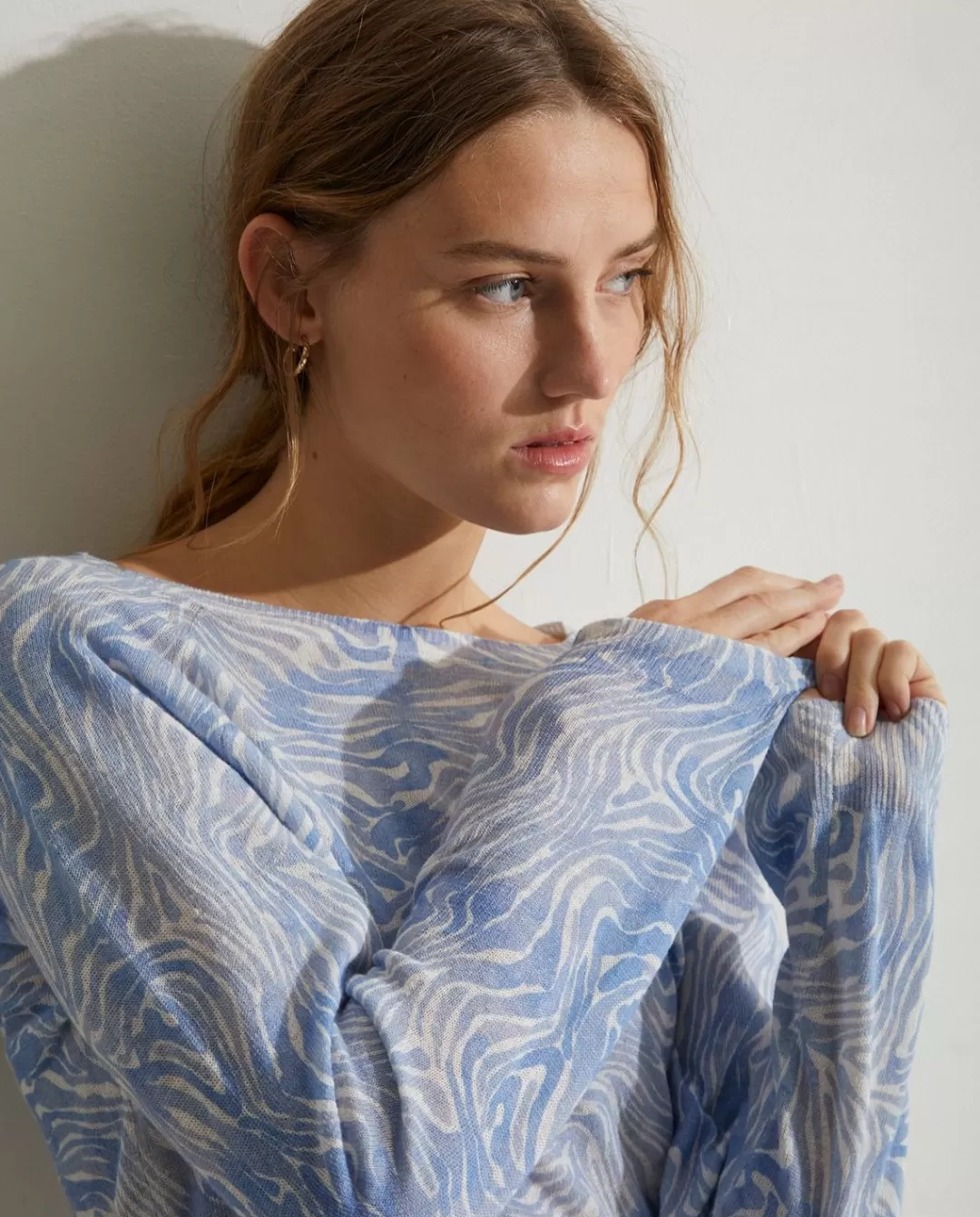 YERSE Print Linen-Cotton Sweater Blue