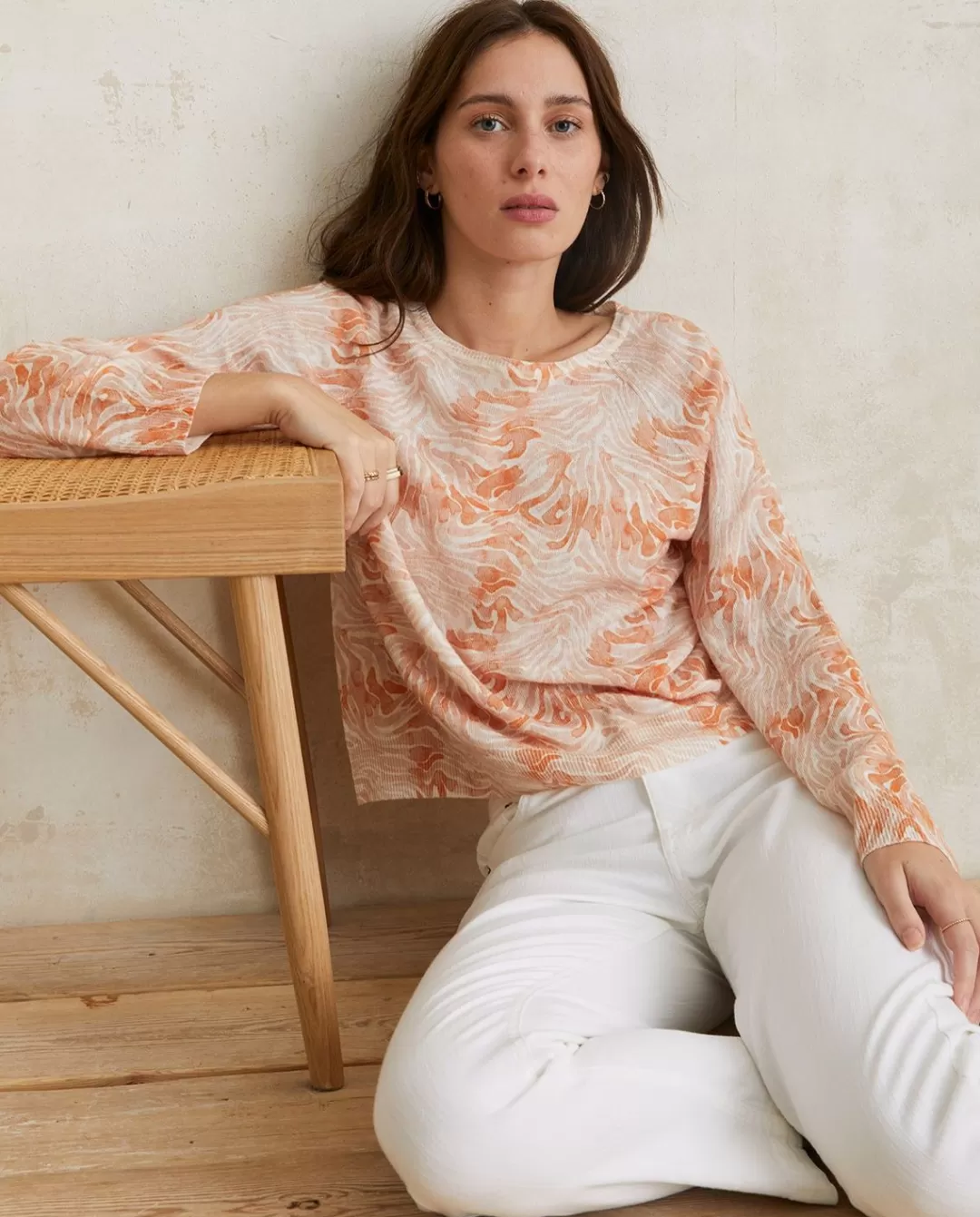 YERSE Print Linen-Cotton Sweater Orange