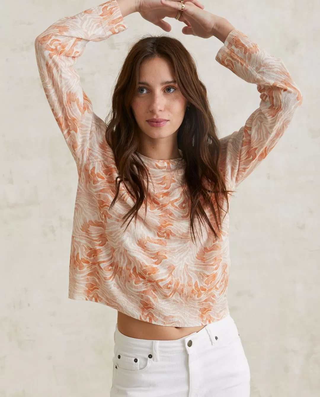 YERSE Print Linen-Cotton Sweater Orange