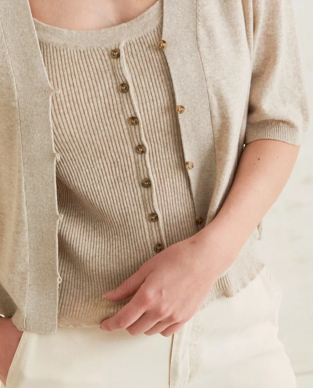 YERSE Ribbed Top Buttons Beige