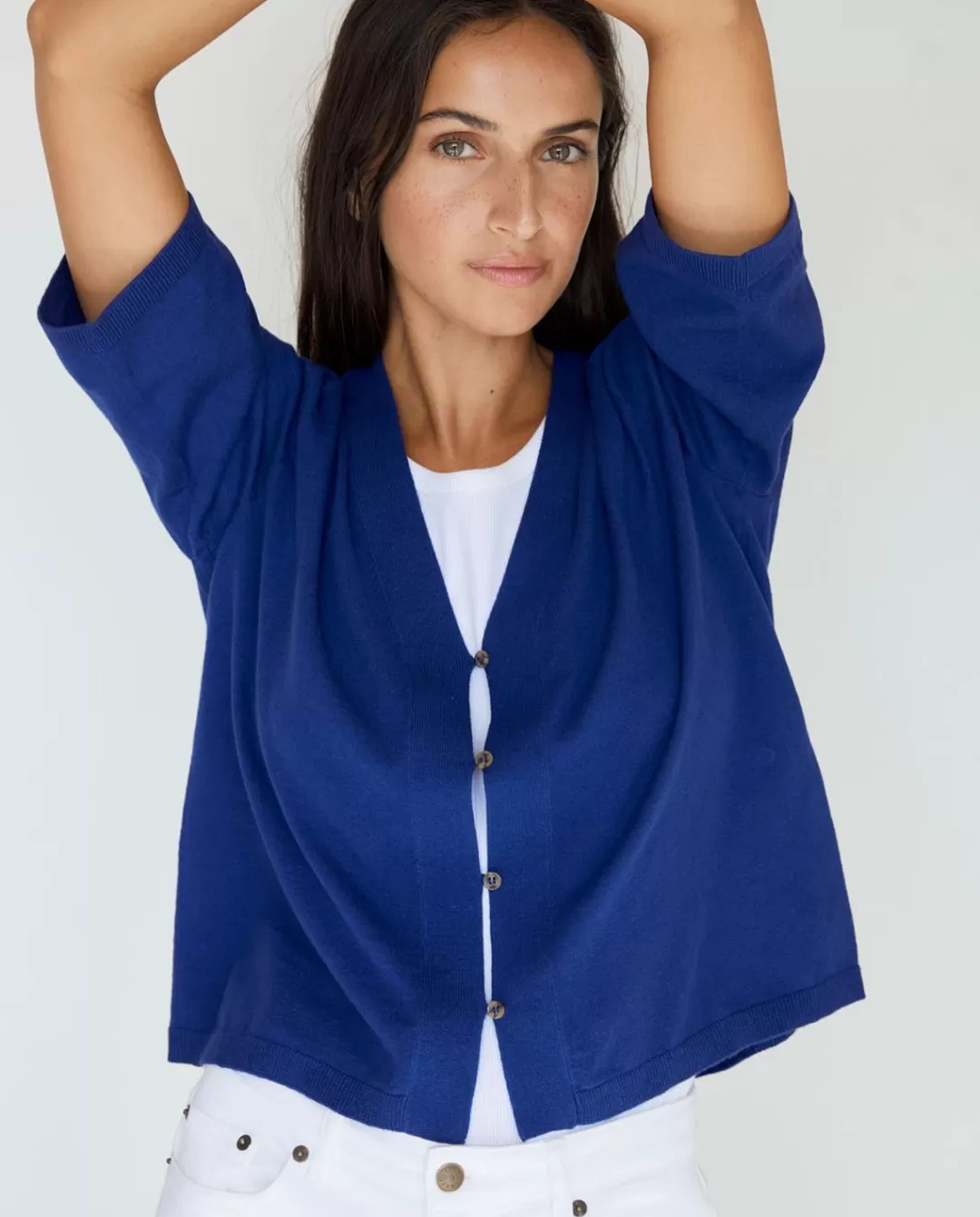 YERSE Short-Sleeve Cardigan Blue