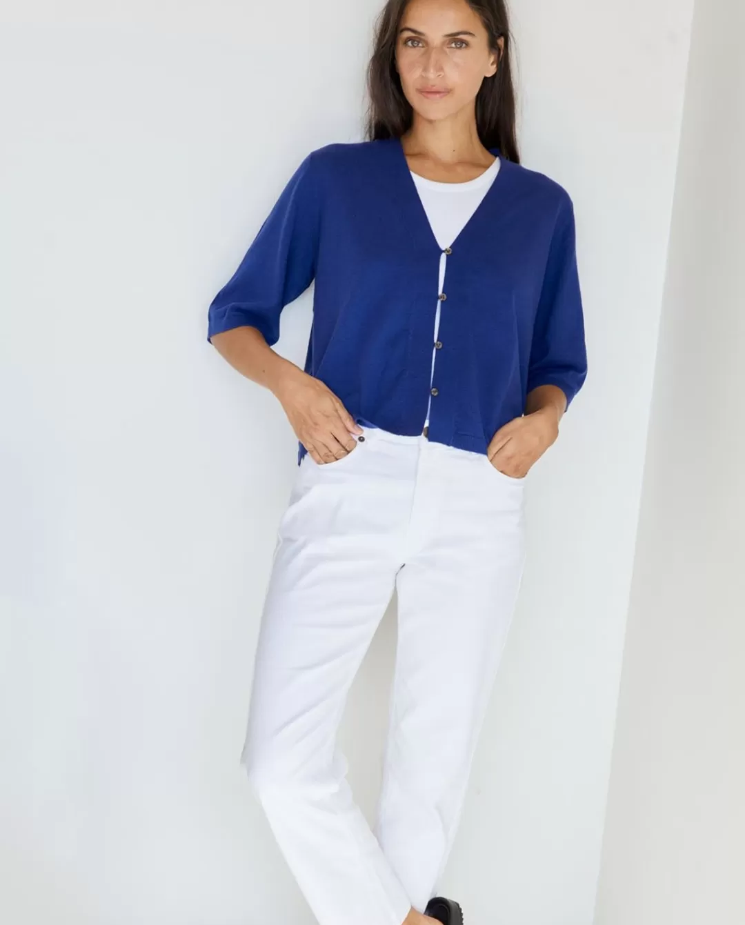 YERSE Short-Sleeve Cardigan Blue