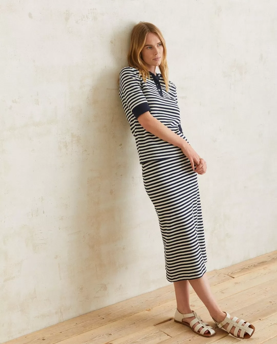 YERSE Striped Cotton Skirt Ecru And Navy