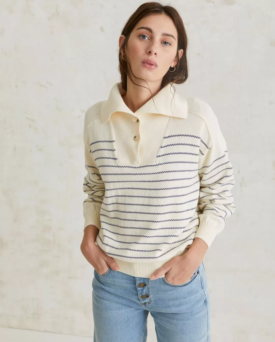 YERSE Striped Cotton Sweater Navy