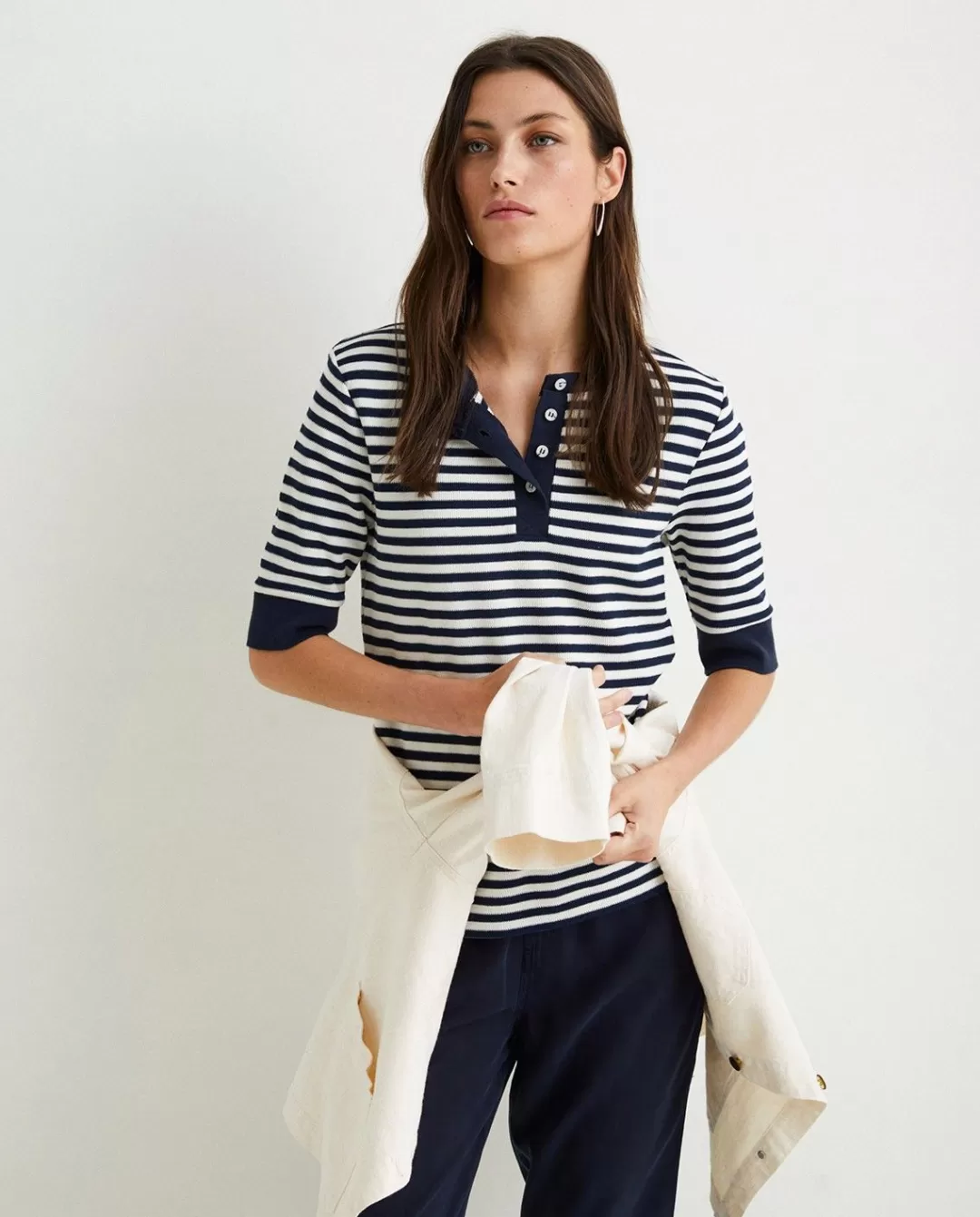 YERSE Striped Cotton T-Shirt Ecru And Navy