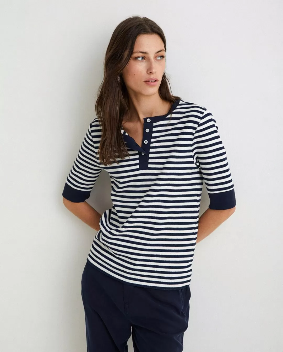 YERSE Striped Cotton T-Shirt Ecru And Navy