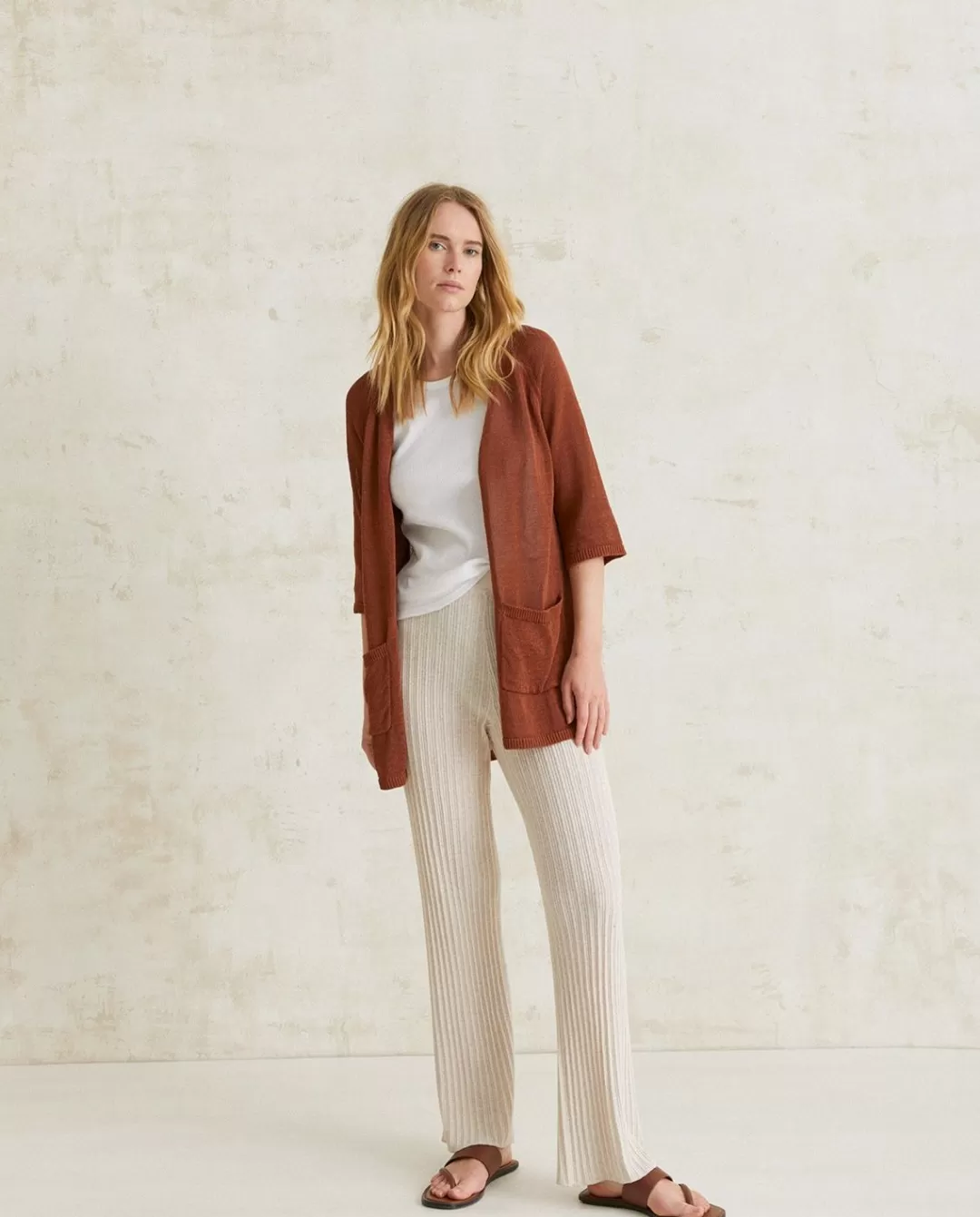 YERSE Striped Linen Cardigan Chocolate