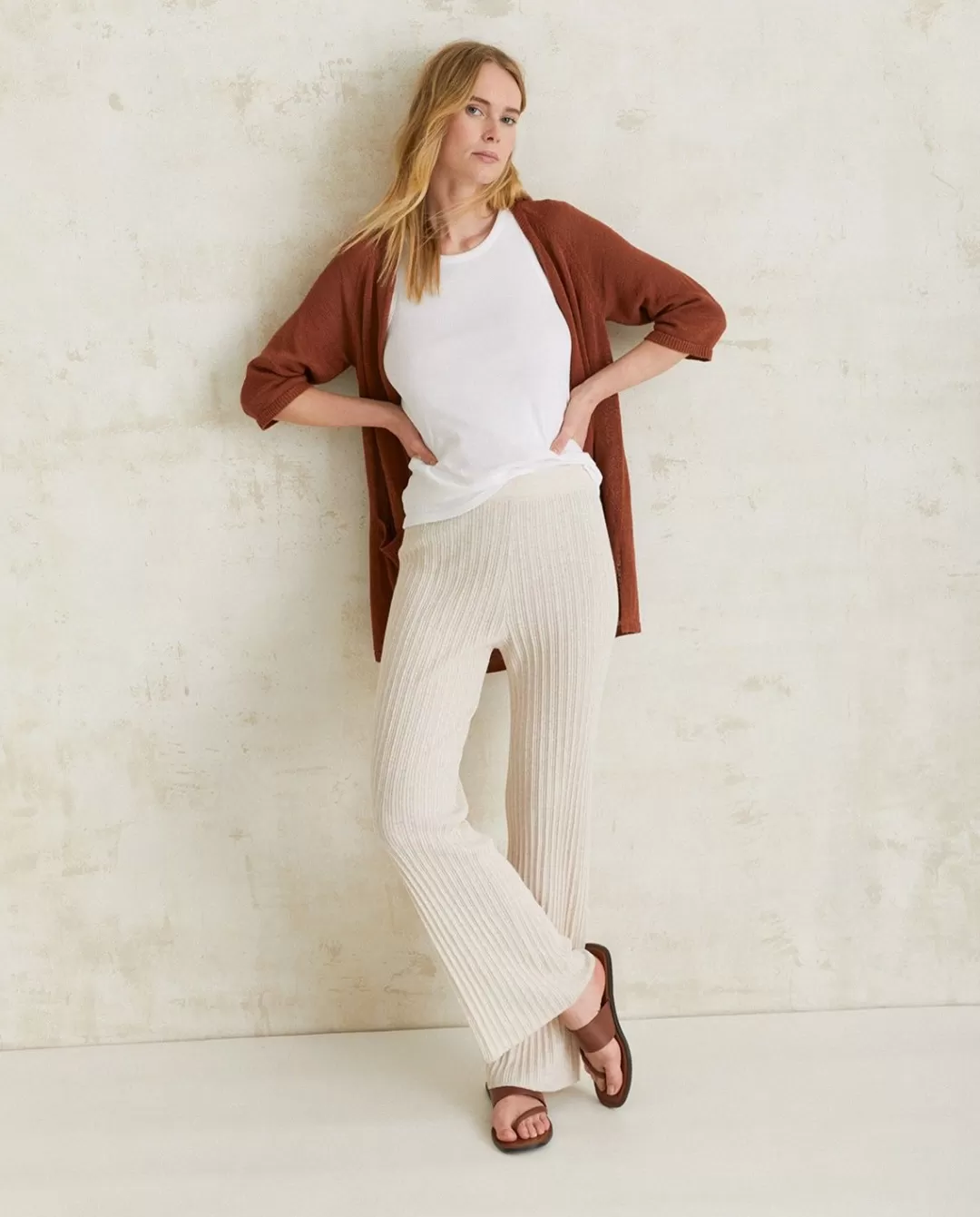 YERSE Striped Linen Cardigan Chocolate