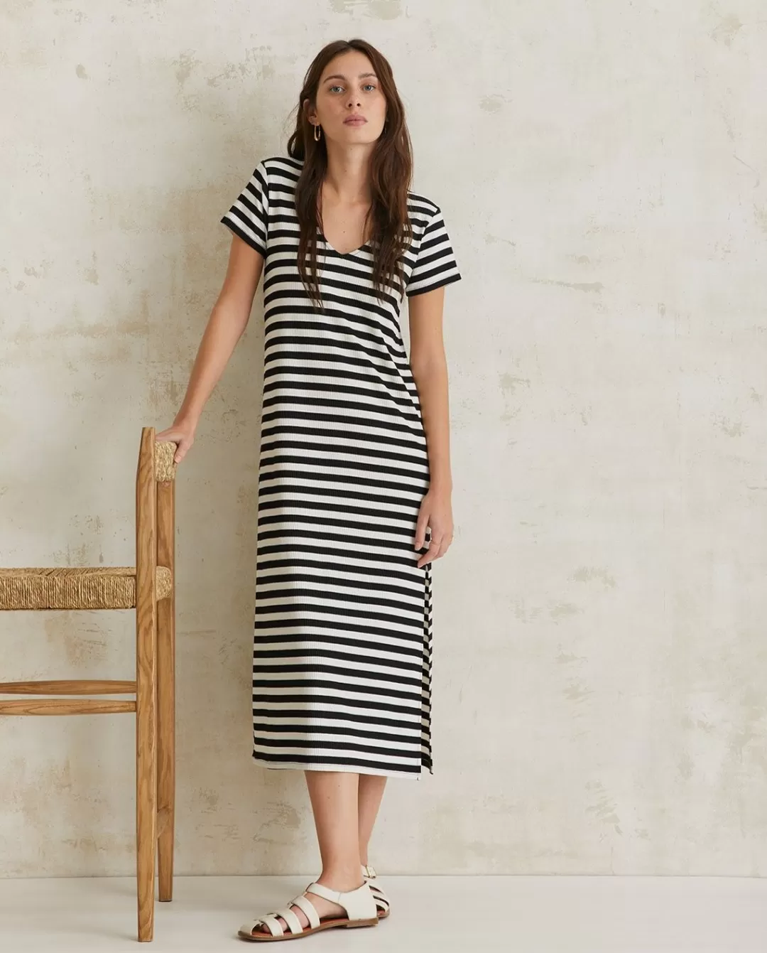 YERSE Striped Midi Dress Black Stripes