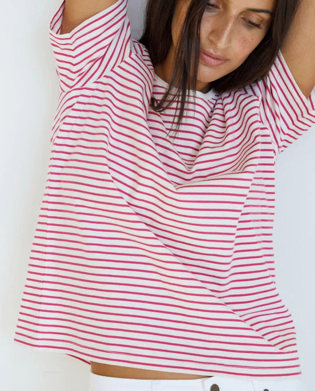 YERSE Striped Organic-Cotton T-Shirt Fuchsia Stripes