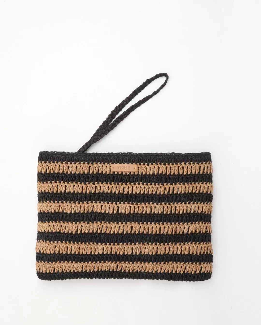 YERSE Striped Raffia Pouch Bag Beige