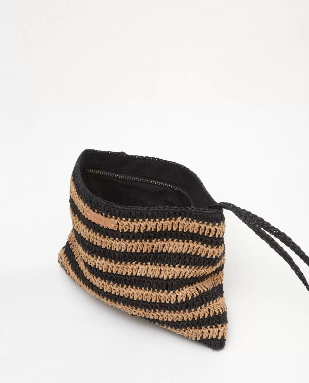 YERSE Striped Raffia Pouch Bag Beige