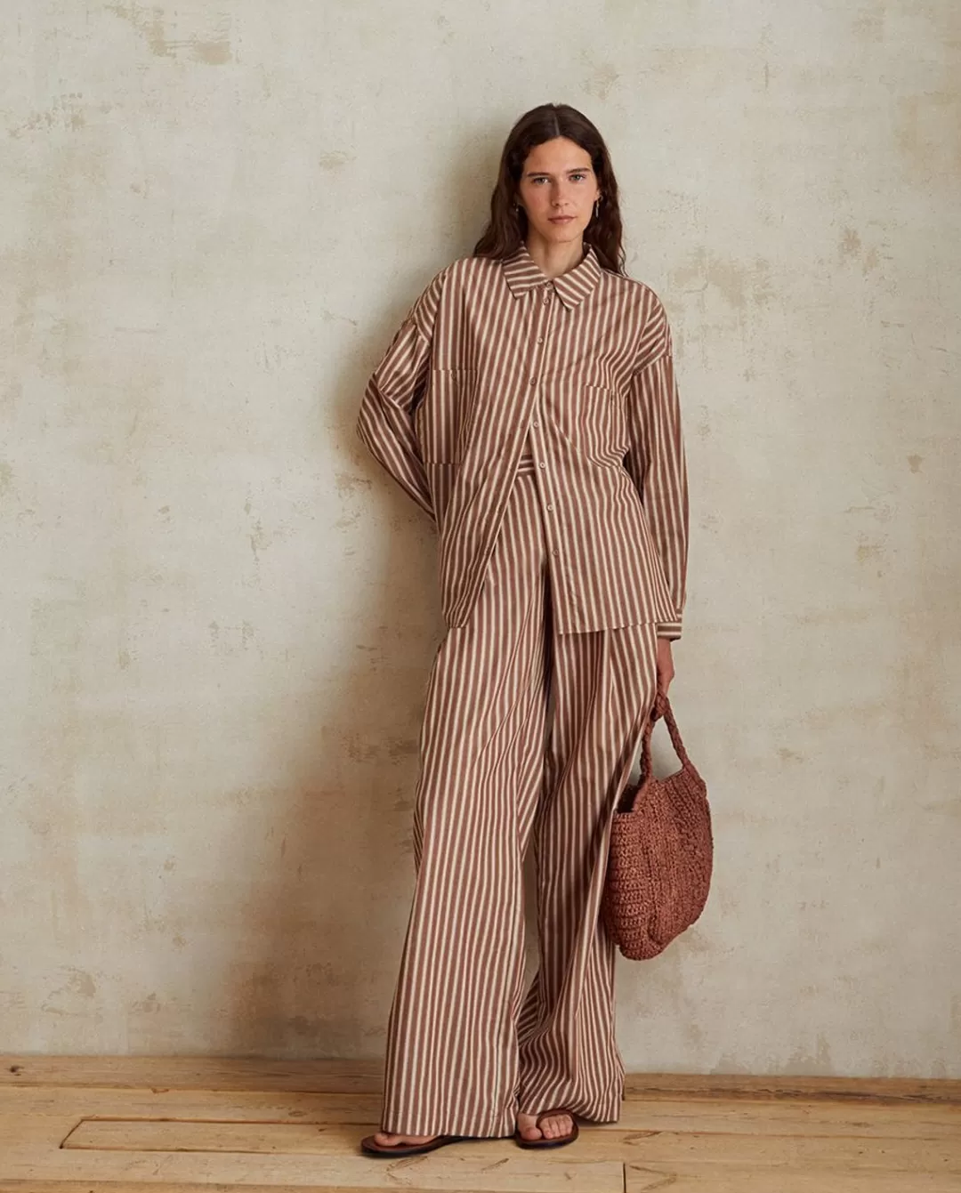 YERSE Wide-Leg Cotton Trousers Chocolate Stripes